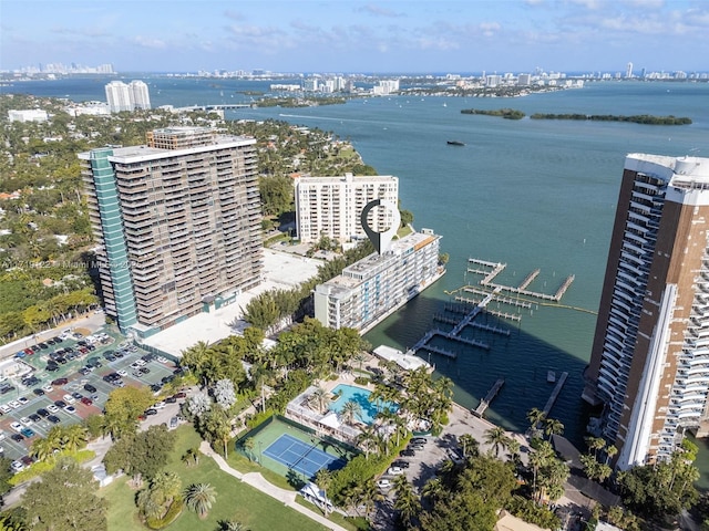 drone / aerial view with a water view