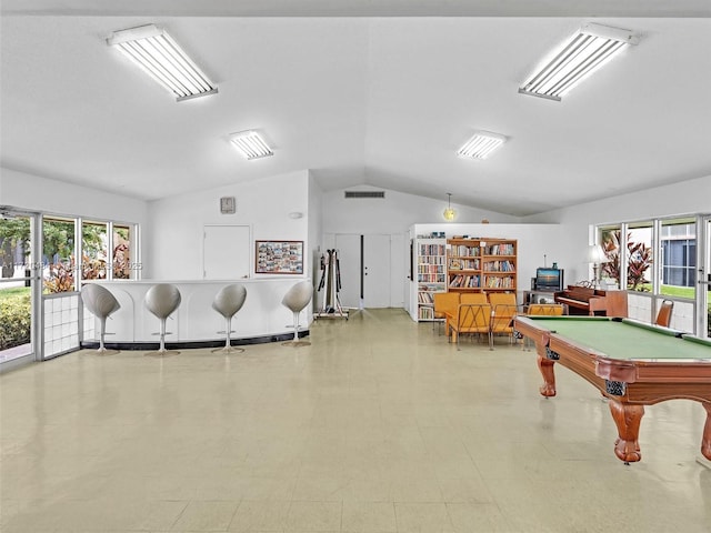 game room with lofted ceiling and billiards