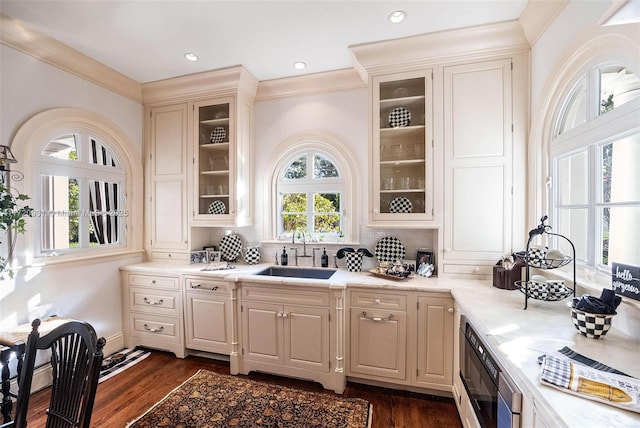 kitchen with decorative backsplash, sink, and dark wood-type flooring