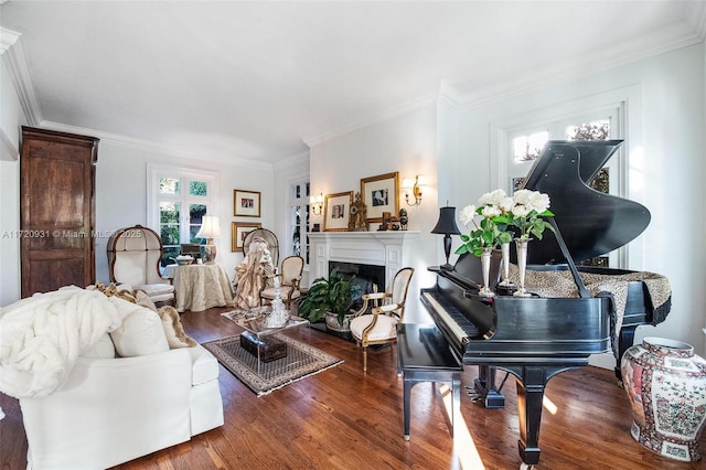 living room featuring dark hardwood / wood-style floors and ornamental molding