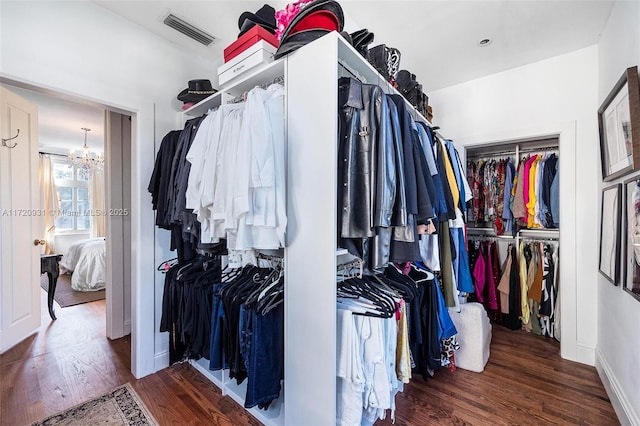 spacious closet featuring an inviting chandelier and hardwood / wood-style flooring