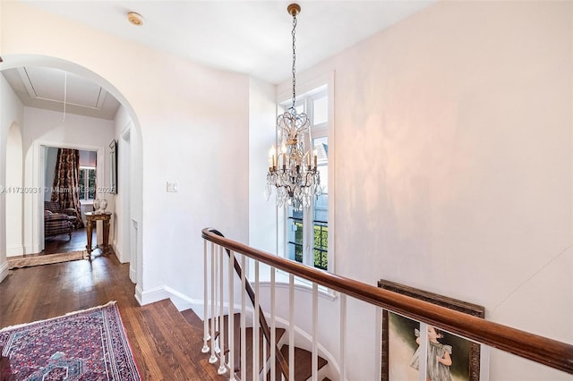 hallway with dark hardwood / wood-style flooring and an inviting chandelier