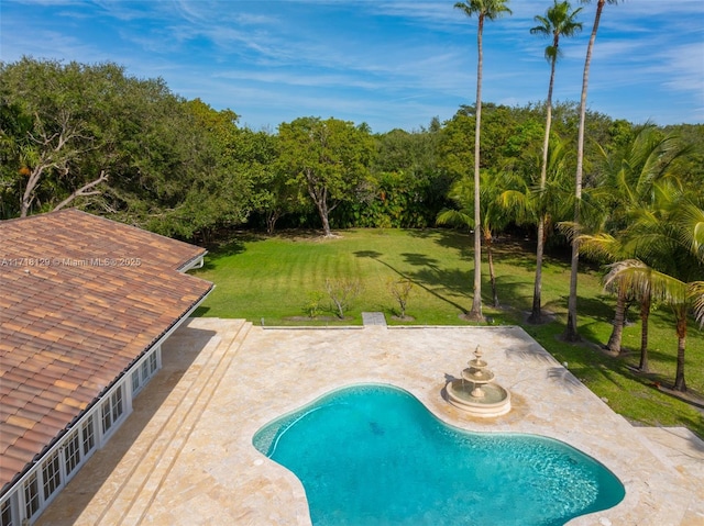 view of pool with a patio area and a lawn