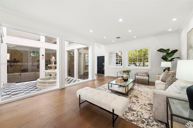 living room featuring hardwood / wood-style floors and crown molding