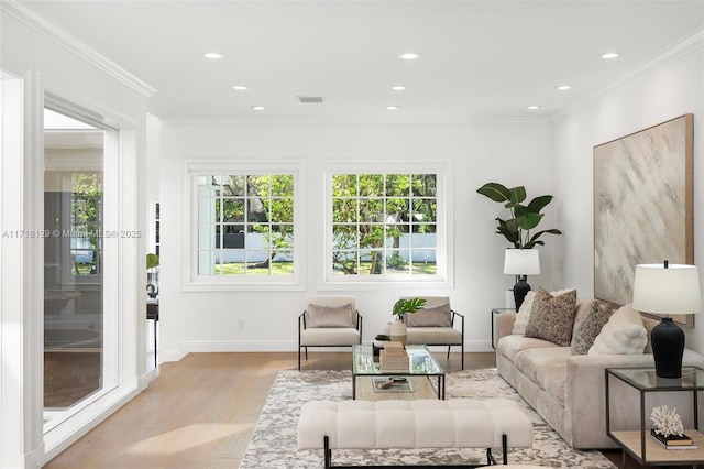 living room featuring light hardwood / wood-style floors and crown molding