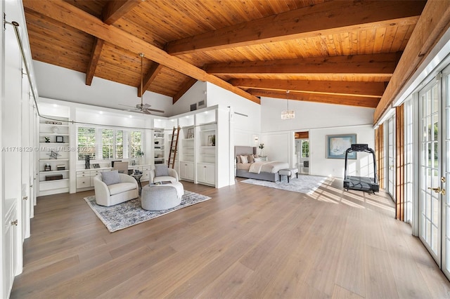 unfurnished living room with beam ceiling, ceiling fan, high vaulted ceiling, and wood ceiling