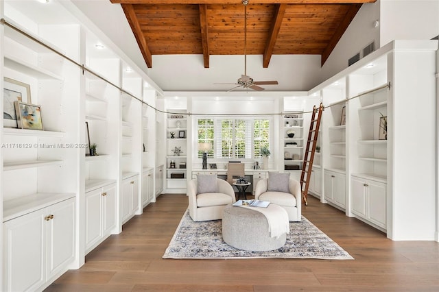 sitting room featuring lofted ceiling with beams, ceiling fan, light hardwood / wood-style flooring, and wood ceiling