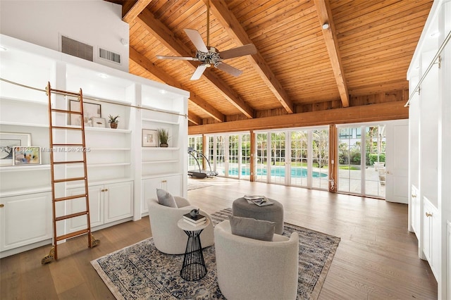 living area with ceiling fan, beam ceiling, wood-type flooring, a pool, and wooden ceiling