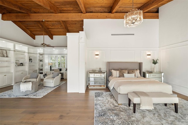 bedroom with hardwood / wood-style floors, a notable chandelier, beam ceiling, and wood ceiling