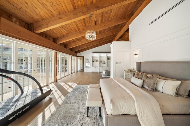 bedroom with beam ceiling, wood-type flooring, high vaulted ceiling, a notable chandelier, and wooden ceiling