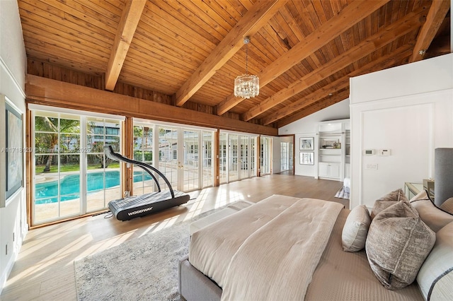 interior space with high vaulted ceiling, wooden ceiling, a notable chandelier, and hardwood / wood-style flooring