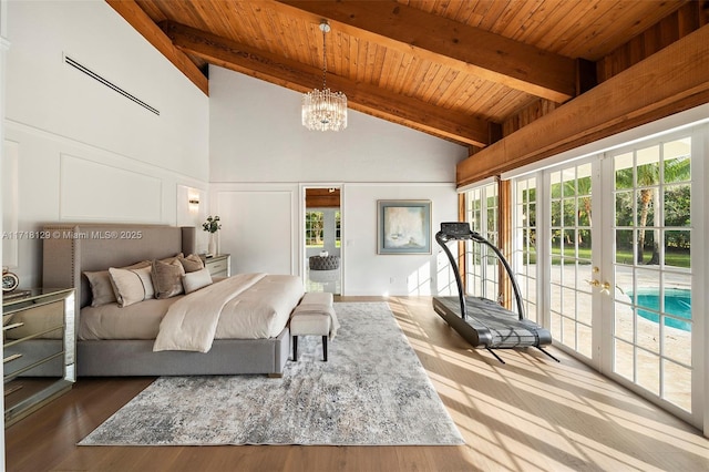 bedroom with access to exterior, french doors, wood ceiling, multiple windows, and beamed ceiling