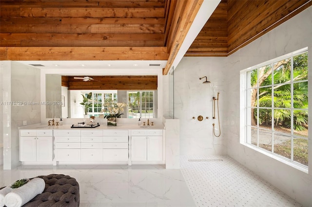 bathroom with vanity and walk in shower