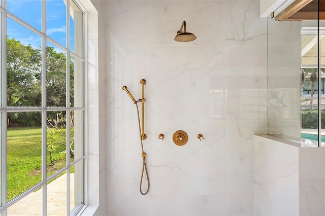 bathroom featuring walk in shower and a healthy amount of sunlight