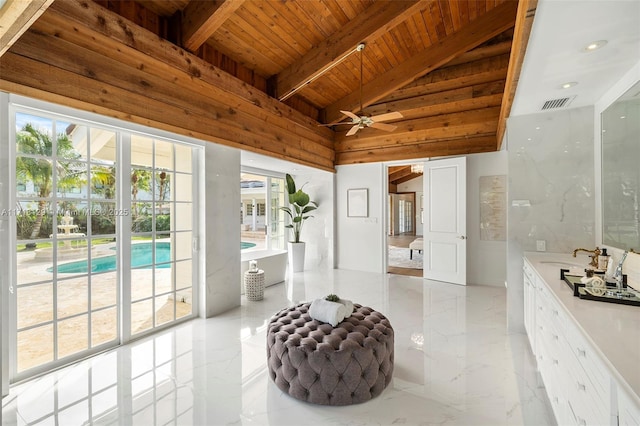 interior space with vaulted ceiling with beams, ceiling fan, a swimming pool, and wooden ceiling