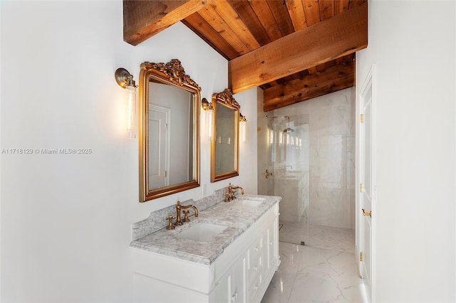 bathroom featuring vaulted ceiling with beams, a shower with shower door, wooden ceiling, and vanity