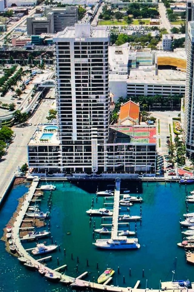 aerial view featuring a water view