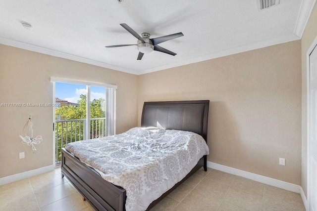 tiled bedroom featuring access to outside, ceiling fan, and ornamental molding