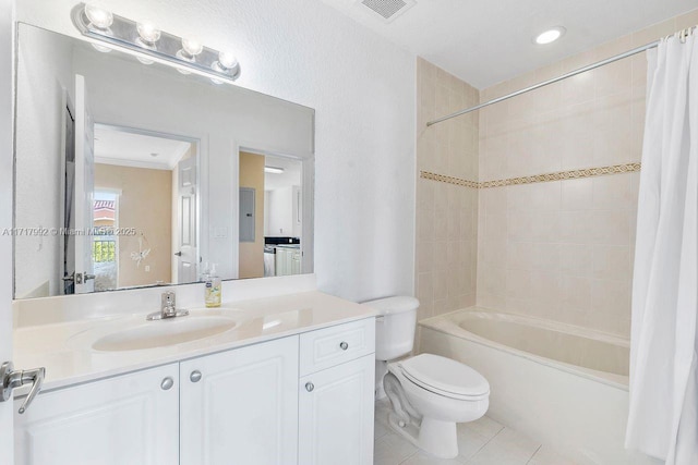 full bathroom with vanity, electric panel, shower / bath combination with curtain, tile patterned flooring, and toilet