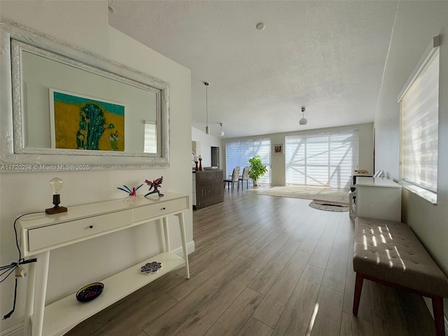 interior space featuring a textured ceiling and hardwood / wood-style flooring