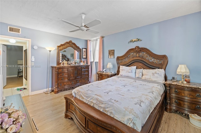 bedroom featuring light hardwood / wood-style flooring and ceiling fan