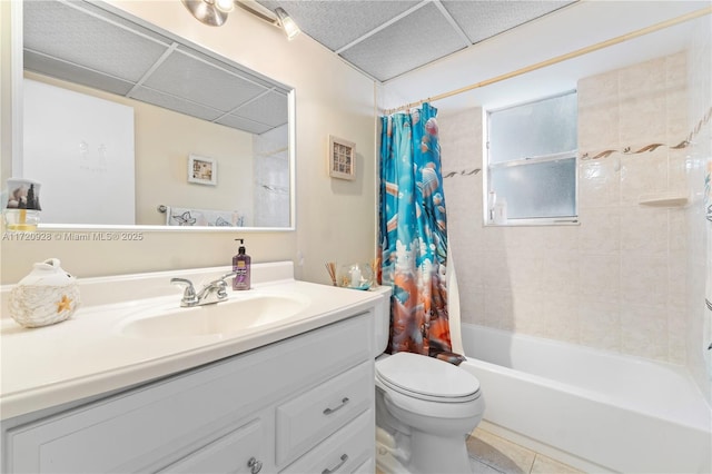 full bathroom featuring tile patterned floors, vanity, toilet, and shower / bathtub combination with curtain