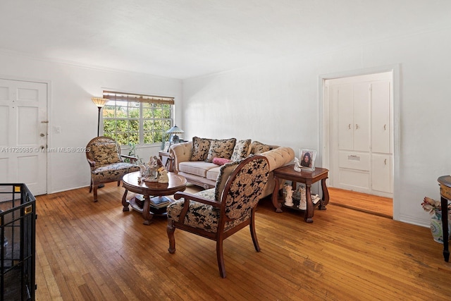 living room with wood-type flooring and ornamental molding