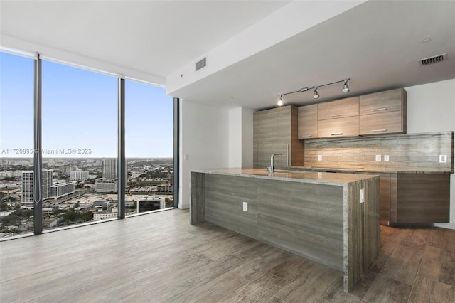 kitchen featuring backsplash, light stone counters, expansive windows, and dark wood-type flooring