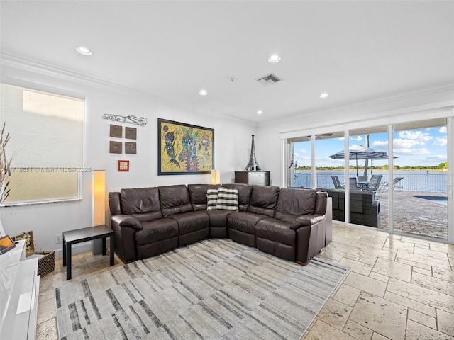 living room with ornamental molding