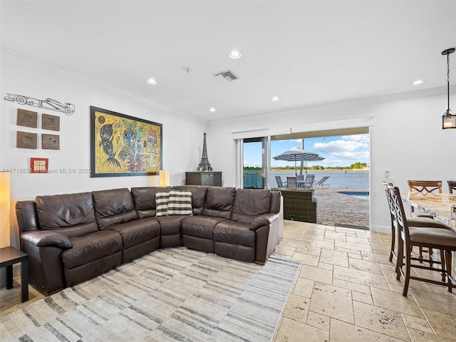 living room with crown molding