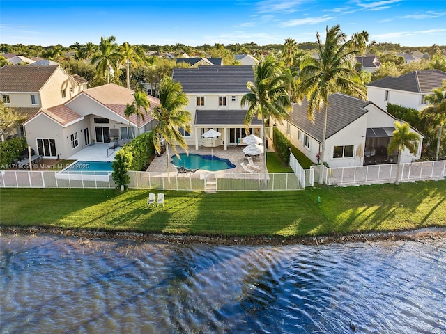 exterior space with a water view