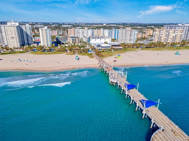 aerial view with a water view and a view of the beach