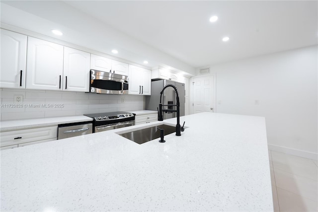 kitchen featuring decorative backsplash, white cabinetry, sink, and stainless steel appliances