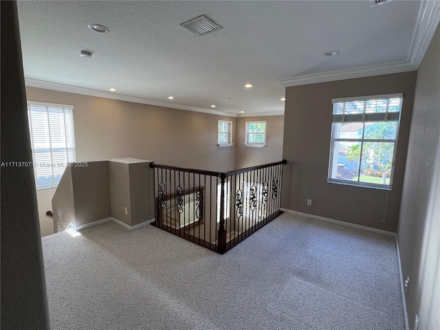 hall with carpet, ornamental molding, and a textured ceiling