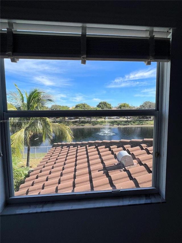 interior space featuring a water view