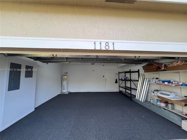 garage with electric panel and water heater