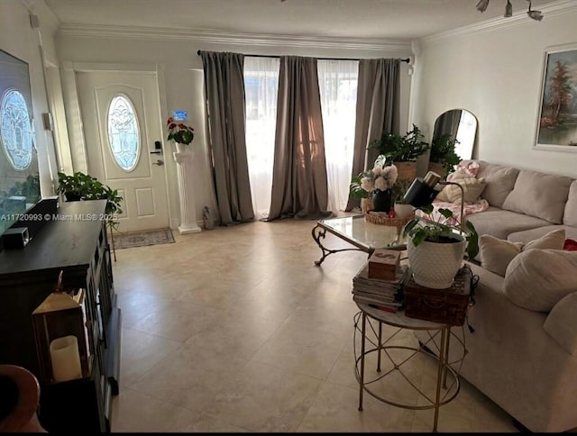 living area featuring ornamental molding