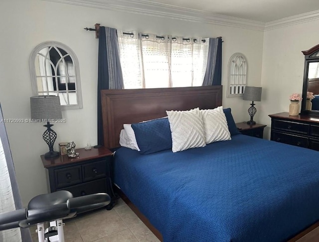 tiled bedroom with crown molding