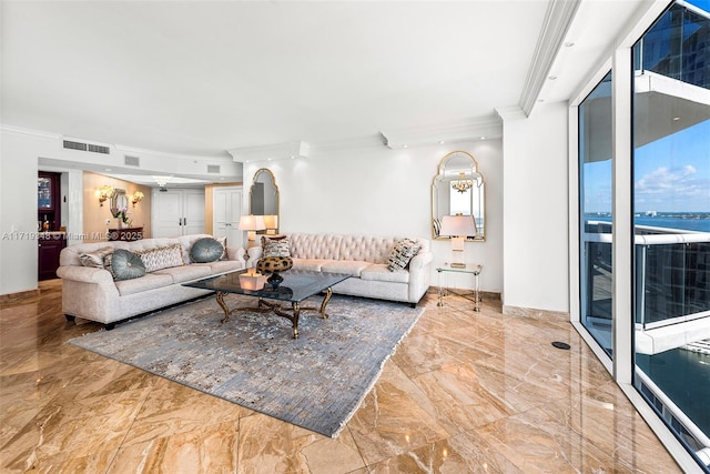 living room with crown molding