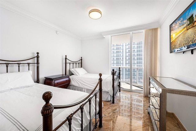 bedroom featuring access to outside, crown molding, and expansive windows