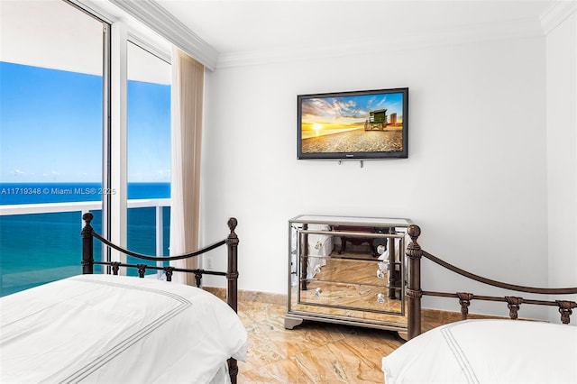 bedroom featuring multiple windows and ornamental molding