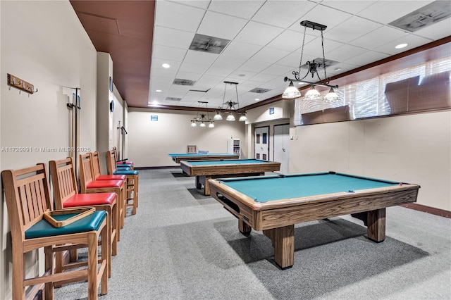 playroom featuring light carpet, a drop ceiling, and pool table