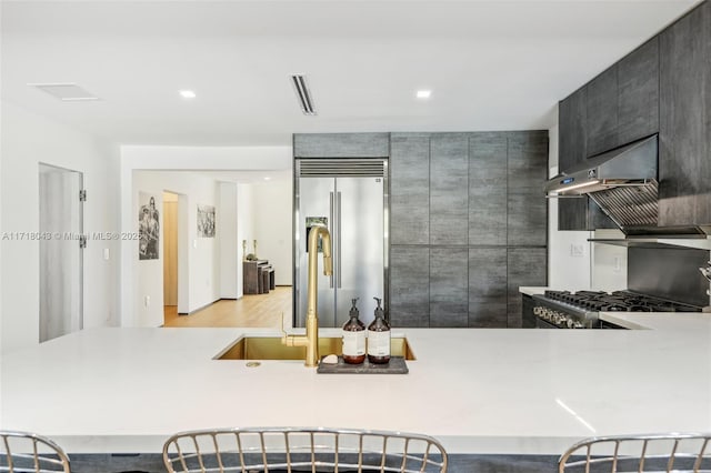 kitchen with kitchen peninsula, light hardwood / wood-style flooring, stainless steel appliances, and sink