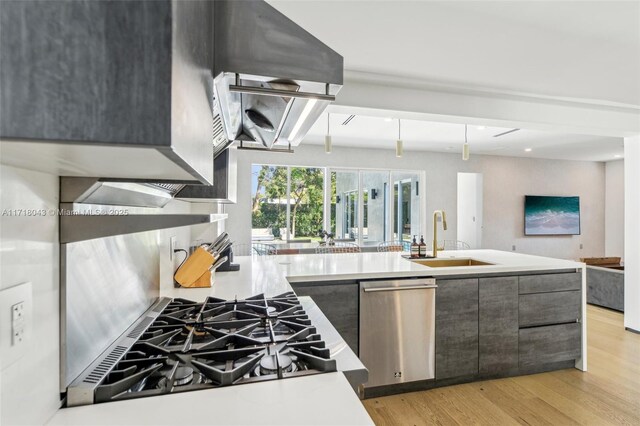 kitchen with hanging light fixtures, light wood-type flooring, sink, and high quality appliances