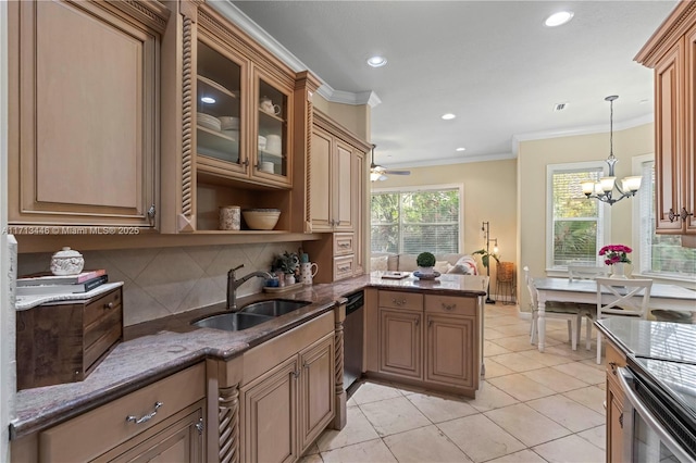 kitchen featuring sink, backsplash, dark stone countertops, pendant lighting, and ornamental molding