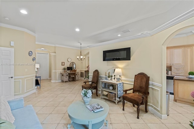 living room with crown molding, light tile patterned floors, and a chandelier