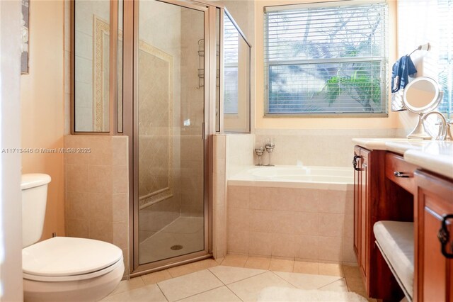 bathroom with vanity, separate shower and tub, and ornamental molding