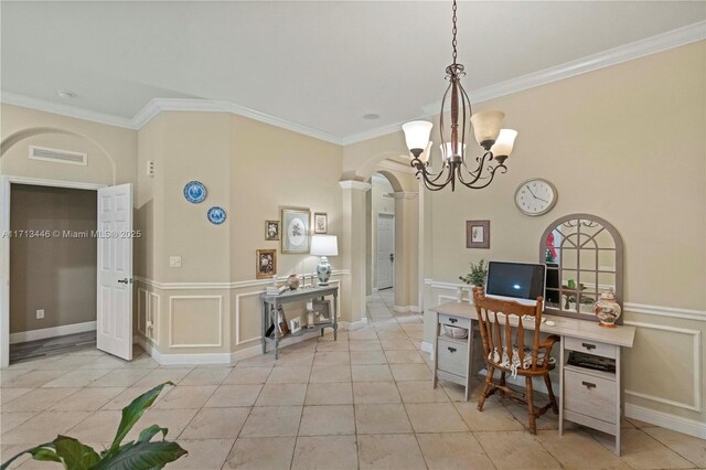 dining room with ceiling fan with notable chandelier, light tile patterned floors, and ornamental molding