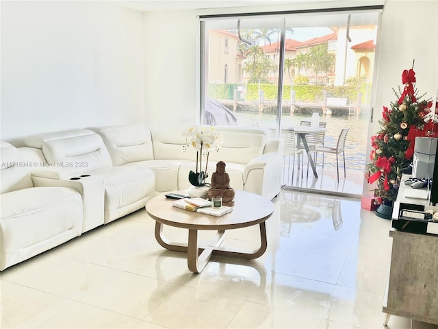 living room featuring light tile patterned floors