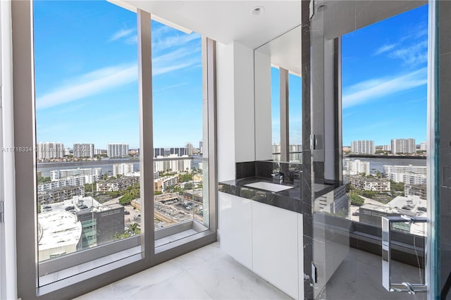 interior space with floor to ceiling windows and sink